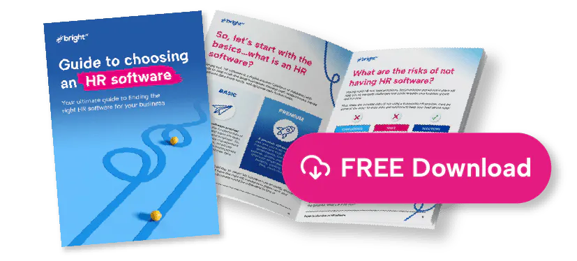 The image displays a guide, with one view of the front cover and another of the guide open, revealing their contents. The guide is titled 'Guide to choosing HR software'.